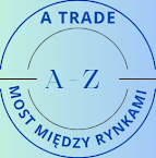 Logo w odcieniach błękitu i zieleni, przedstawiające dwa okręgi wewnątrz. W górnej części widnieje napis "A TRADE", a u dołu "MOST MIĘDZY RYNKAMI". W centrum, na poprzecznej linii, znajduje się duży napis "A - Z". Grafika z efektem gradientu.